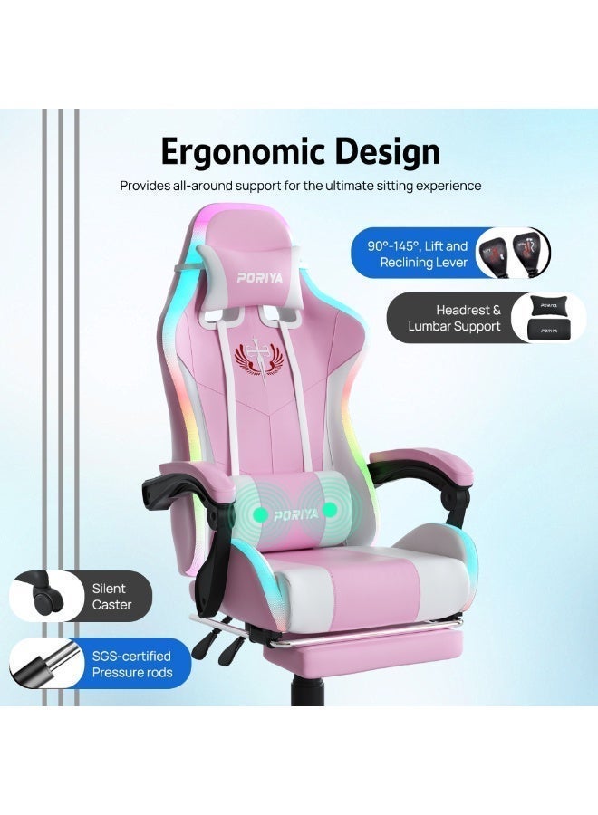 PORIYA Ergonomic Gaming Chair with Massage Lumbar Cushion & LED Lights, Adjustable Executive Office Chair with Footrest, 90–145° Recline, Height Adjustable, PVC Leather, 150kg Capacity (Pink Massage&LED) - Image 3